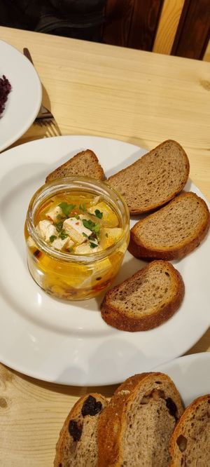 Pickled Tofu and bread at Střecha in Prague