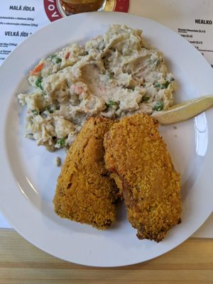 Soy schnitzels with potato salad - bland. at Střecha in Prague