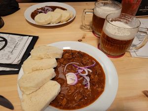 Beer goulash with dumblings at Střecha in Prague