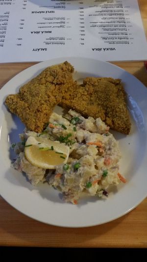 Schnitzels with potato salad at Střecha in Prague