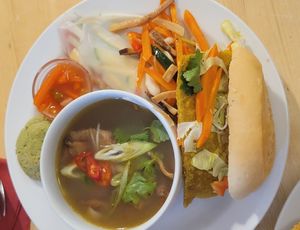 Vietnamese brunch with pho, banh mi, spring rolls, and a matcha cookie at Střecha in Prague