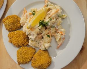 Schnitzel with potato salad at Střecha in Prague