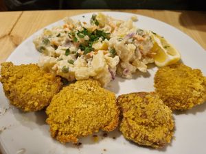 Schnitzel with potato salad at Střecha in Prague