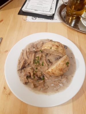 Seitan with mushrooms and dumpling at Střecha in Prague