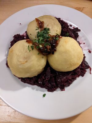 Stuffed dumplings & red cabbage at Střecha in Prague