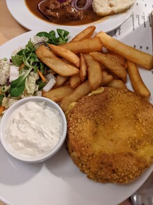 Fried cheese w/ fries & tartar sauce at Střecha in Prague