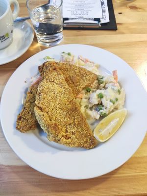 Schnitzel and potato salad at Střecha in Prague