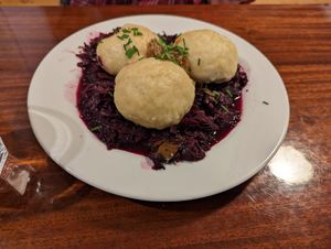 Dumplings on red cabbage at Střecha in Prague