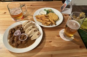 goulash and fried cheese  at Střecha in Prague