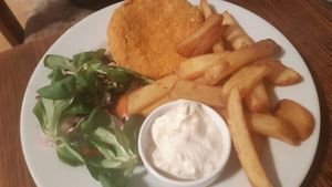 Fried cheese with chips and mayo dip at Střecha in Prague