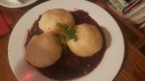 Dumplings with red cabbage at Střecha in Prague