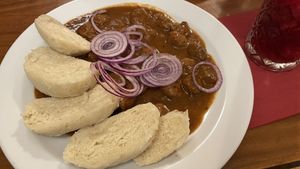 Dark beer goulash  at Střecha in Prague