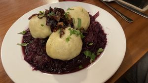 Dumplings in red cabbage  at Střecha in Prague