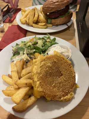 Fried cheese and burger  at Střecha in Prague