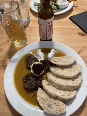 Soy sirloin + bread dumplings  at Střecha in Prague