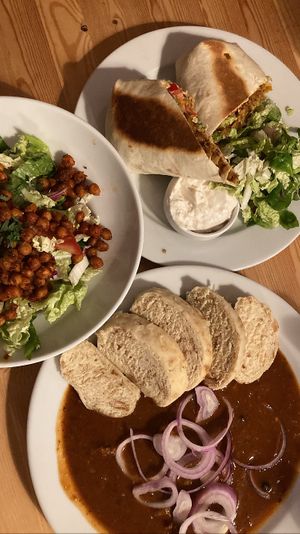 Wrap: tasty. Goulash: no vegan meat, not very tasty either. Salad: oily  at Střecha in Prague