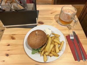 Chili Burger with Fries and Soyannaise  at Střecha in Prague