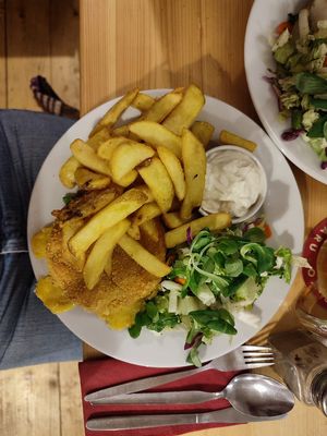 Fried cheese with fries at Střecha in Prague