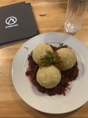 Dumplings on red cabbage, filled with soy  at Střecha in Prague