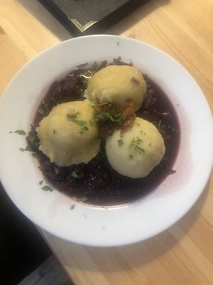 bread dumplings on red cabbage  at Střecha in Prague