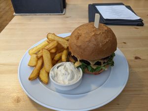 Chili Burger with Fries at Střecha in Prague