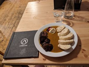 Soy Sirloin in Creamy Vegetable Sauce with Dumplings at Střecha in Prague