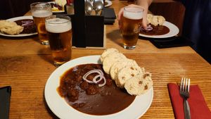 Dark beer Goulash at Střecha in Prague