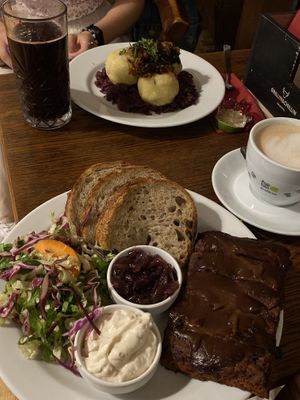 “meat” dumplings and “ribs” in plum sauce   at Střecha in Prague