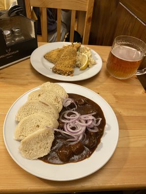 Gulash and schnitzel with potato salad  at Střecha in Prague