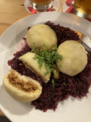 Stuffed Knödel with red cabbage   at Střecha in Prague
