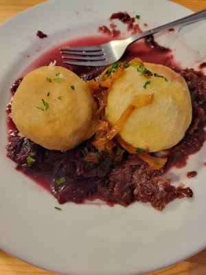 Dumplings on red cabbage at Střecha in Prague