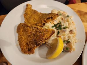Schnitzel with potato salad at Střecha in Prague