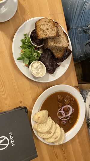 The goulash and the “ribs” (the bread and the pickled onions were nice too!)  at Střecha in Prague