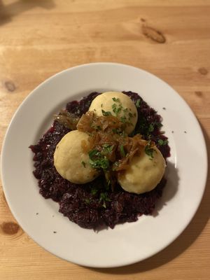 Dumplings and red cabbage   at Střecha in Prague