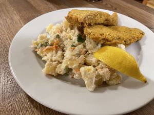 Schnitzel and potato salad  at Střecha in Prague
