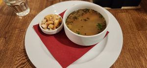 I had the garlic soup, schnitzel with potato salad and a mulled wine... Everything was really delicious, staff was very nice plus they have an amazing mission. at Střecha in Prague