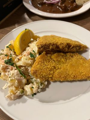 Schnitzel with potato salad at Střecha in Prague