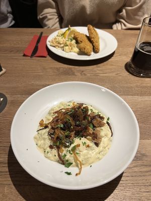 Halušky, řízek se salátem, kebab wrap  at Střecha in Prague