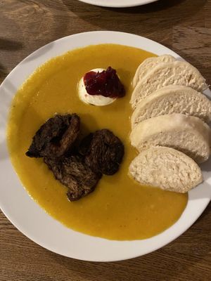 Soy sirloin with bread dumplings   at Střecha in Prague