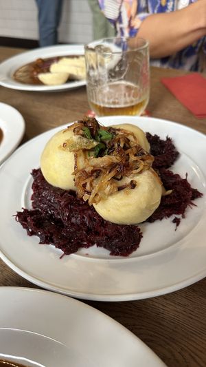 Dumplings and red cabbage   at Střecha in Prague