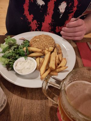 Fried cheese with fries and salad at Střecha in Prague