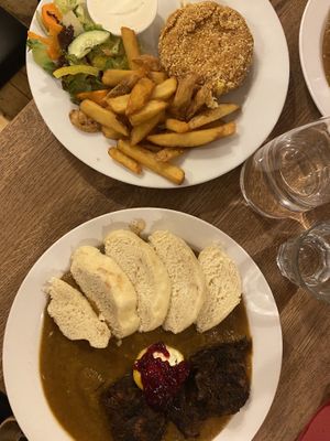Top: fried cheeze, chips & side salad. Bottom: soy ‘sirloin’, vegetable sauce, bread   at Střecha in Prague