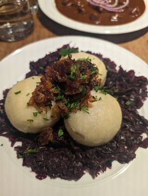 Soy meat dumplings with cabbage at Střecha in Prague