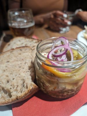 Pickled tofu "cheese" with bread at Střecha in Prague