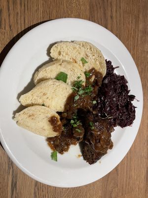 Vegan duck and red cabbage   at Střecha in Prague