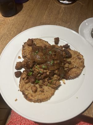 Cabbage pancakes with ‘pork'  at Střecha in Prague