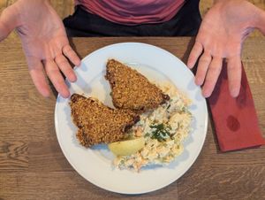 Schnitzel with potato salad at Střecha in Prague