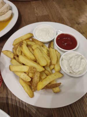 Fries with trio dip at Střecha in Prague