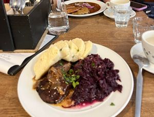 No-duck and the budvar goulash (across)  at Střecha in Prague