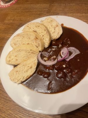 Goulash - almost only the broth, almost no „meat“ pieces   at Střecha in Prague